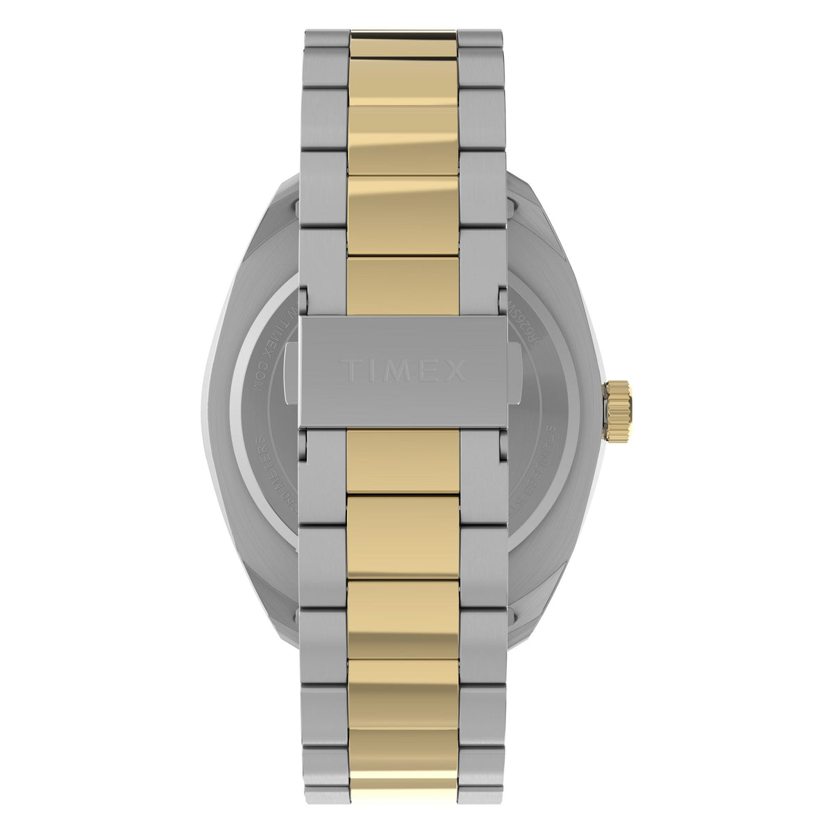 Timex Weston TW2Y89100 textured black dial on a two-tone bracelet, rear flat-lay with strap