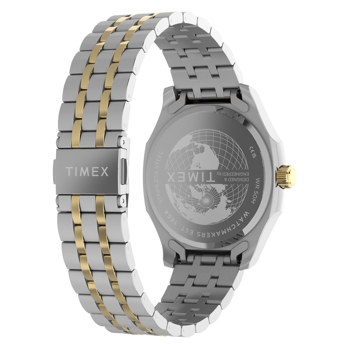 Timex TW2Y91400 green ribbed dial on a two-tone bracelet, rear three-quarter