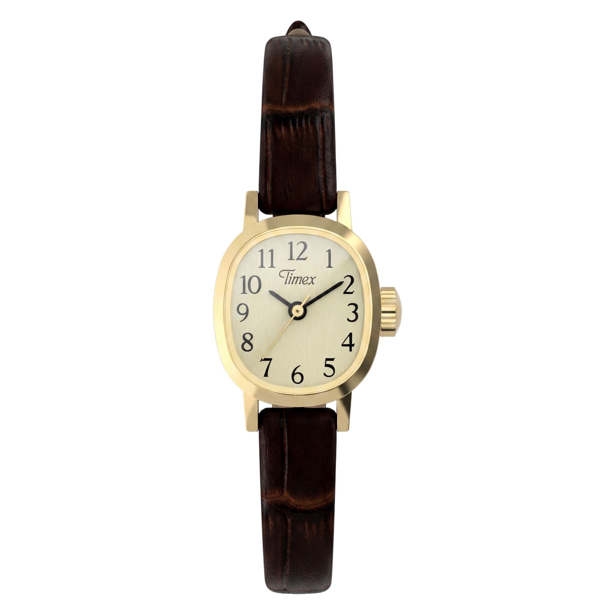 Timex Cavatina Mini TW2Y87700 champagne dial on a brown leather strap, front-on