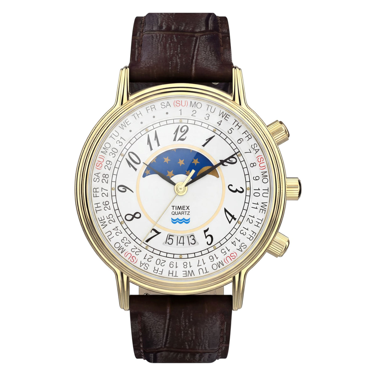 Timex Moon Phase TW2Y99000 white calendar dial with moon phase on a brown leather strap, front-on