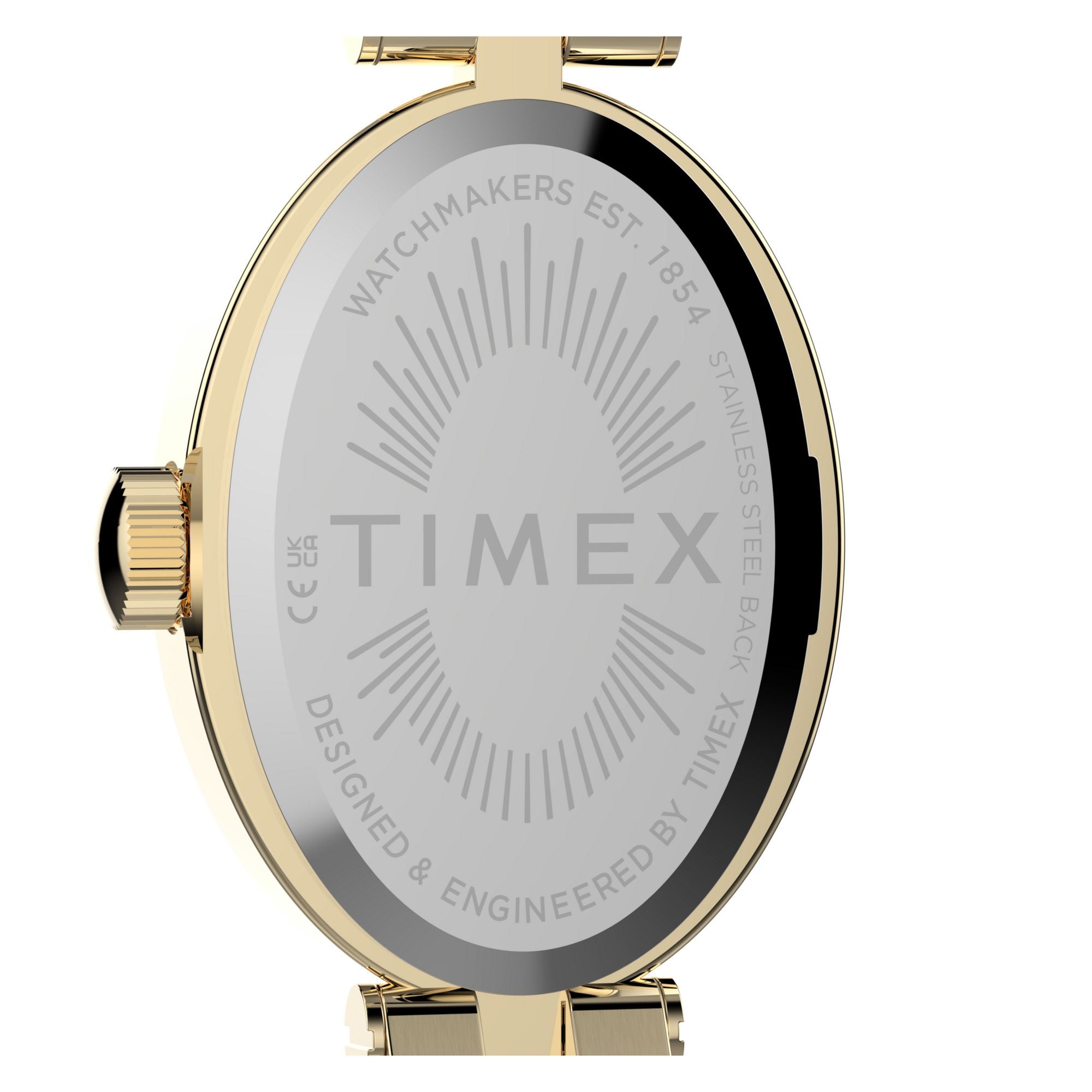Timex Cavatina TW2Y90100 champagne dial with crystal-set bezel on a gold-tone bracelet, caseback