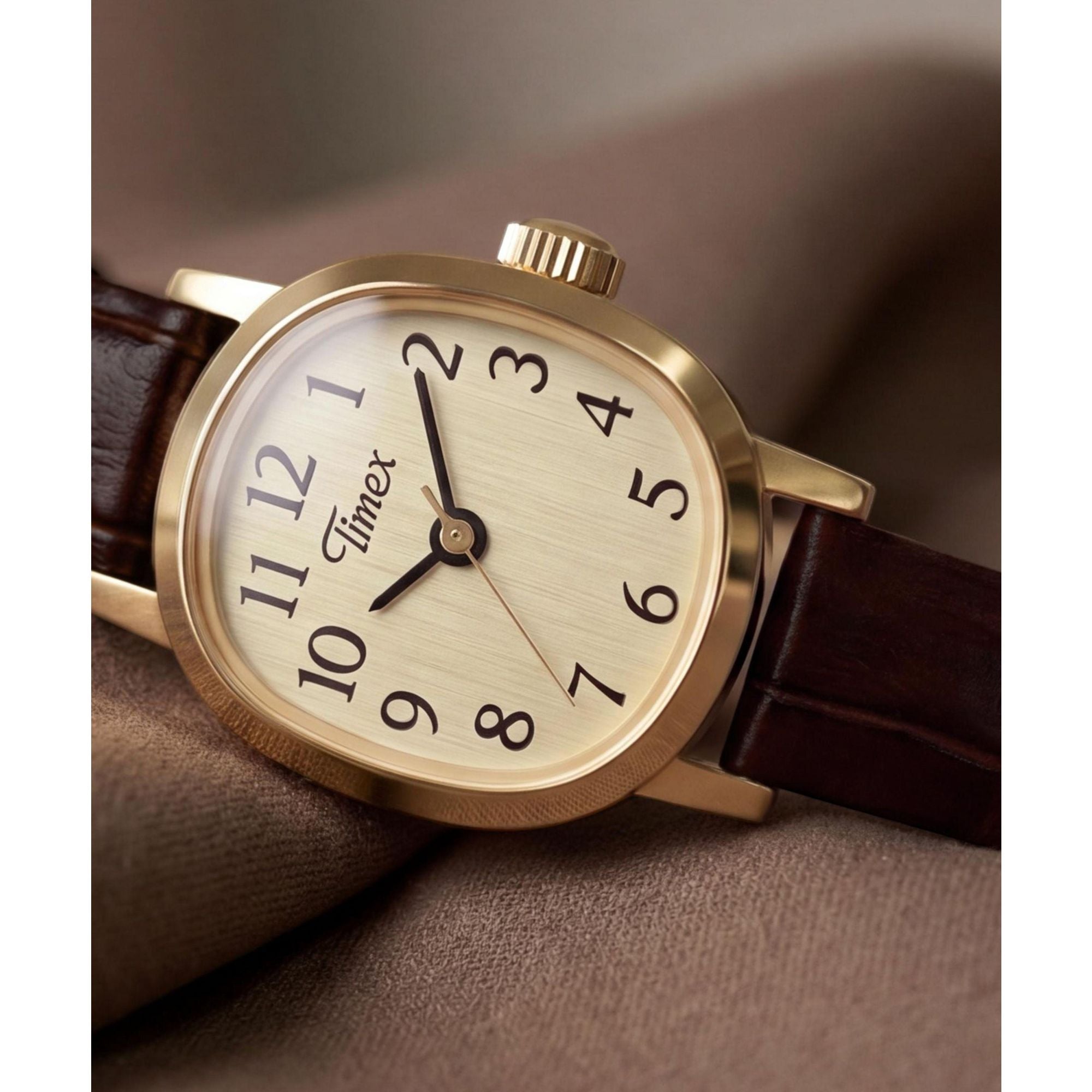 Timex Cavatina Mini TW2Y87700 champagne dial on a brown leather strap, styled detail