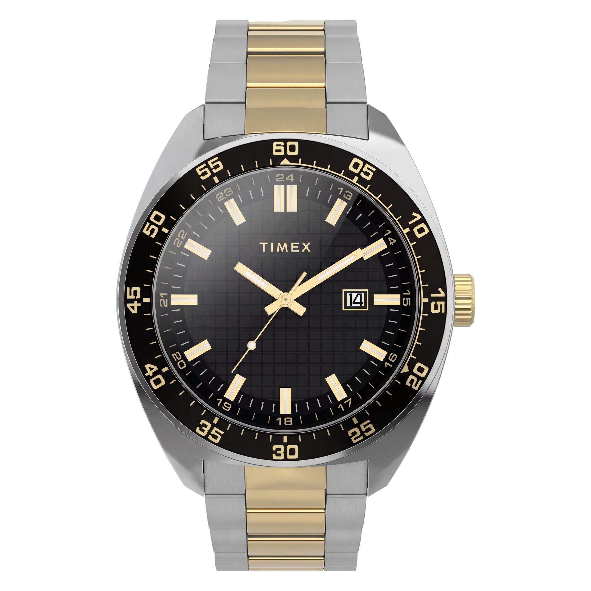 Timex Weston TW2Y89100 textured black dial on a two-tone bracelet, front-on