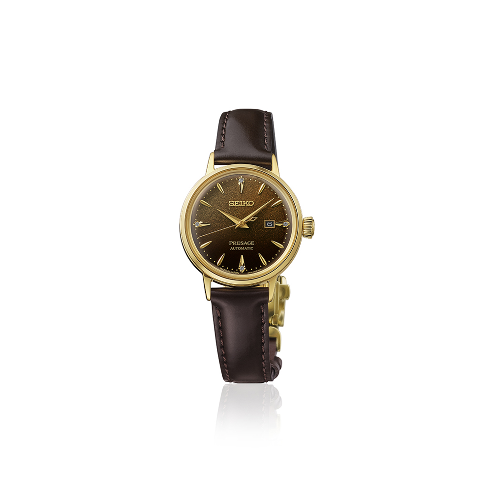 Seiko Presage Cocktail Time 'Jamaican Coffee' Brown Dial Gold Case Watch Diamonds SRE020J