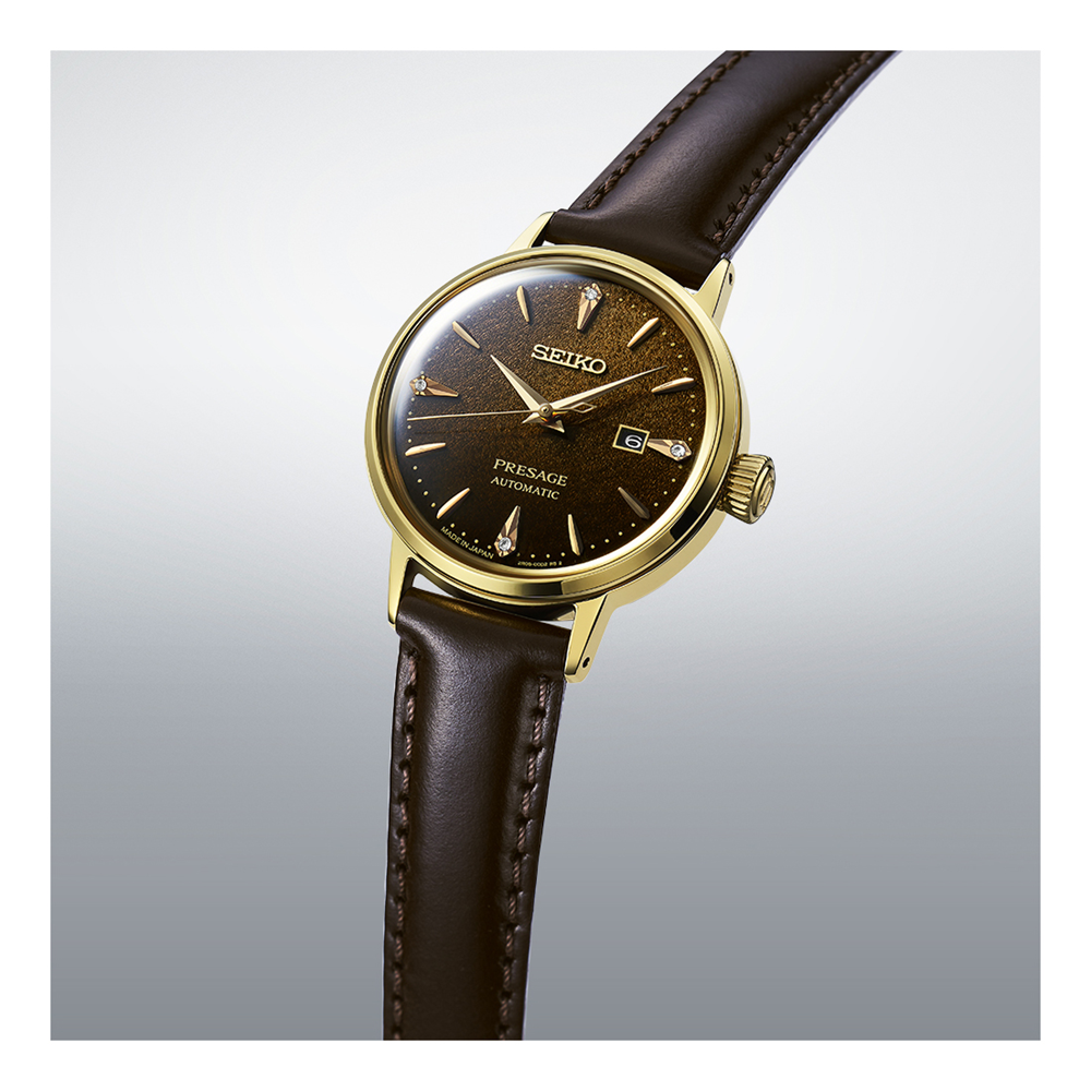 Seiko Presage Cocktail Time 'Jamaican Coffee' Brown Dial Gold Case Watch Diamonds SRE020J