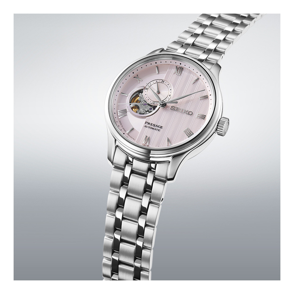 Seiko Presage Pink Dial Elegant Japanese Garden Open Heart Watch SSA465J