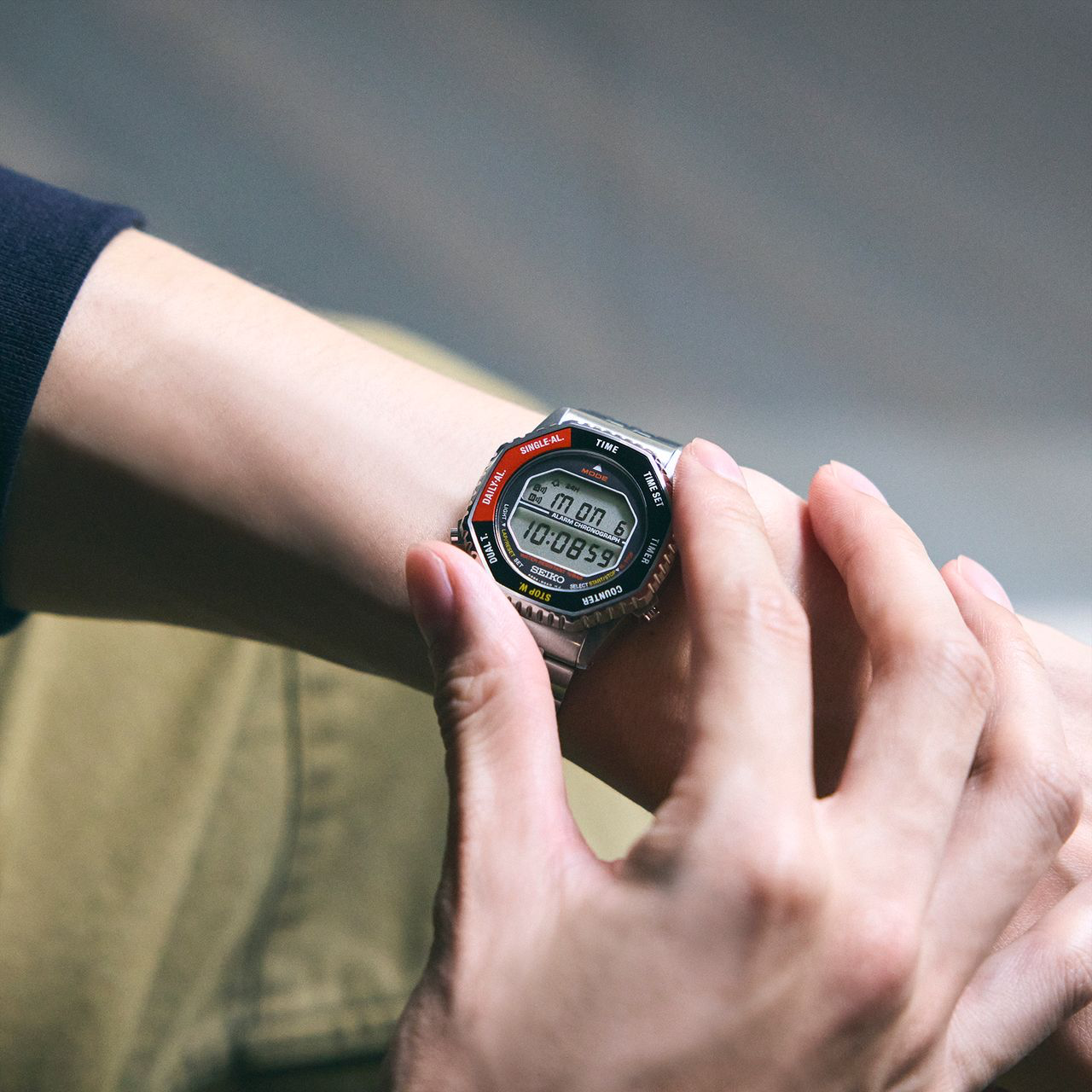 Seiko Rotocall Revival Digital Stainless Steel Black and Red Watch SMGG19P