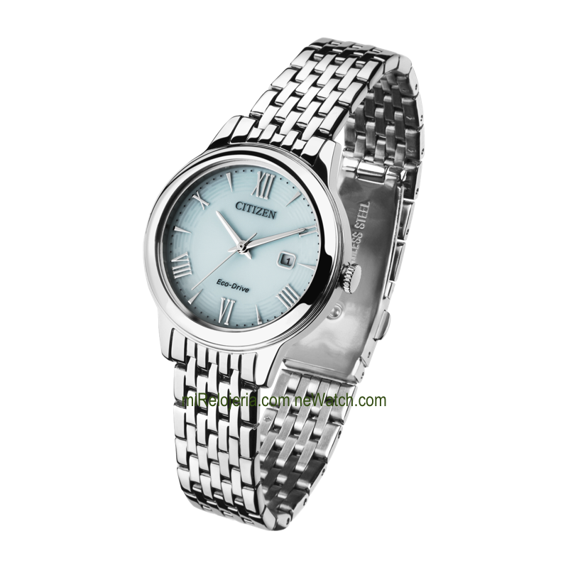 Citizen EW2621-59M Lady Dress Eco-Drive green dial, front product shot on stainless steel bracelet