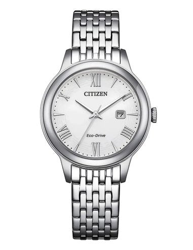 Citizen EW2621-59A Lady Dress Eco-Drive white dial, front product shot on steel case and bracelet