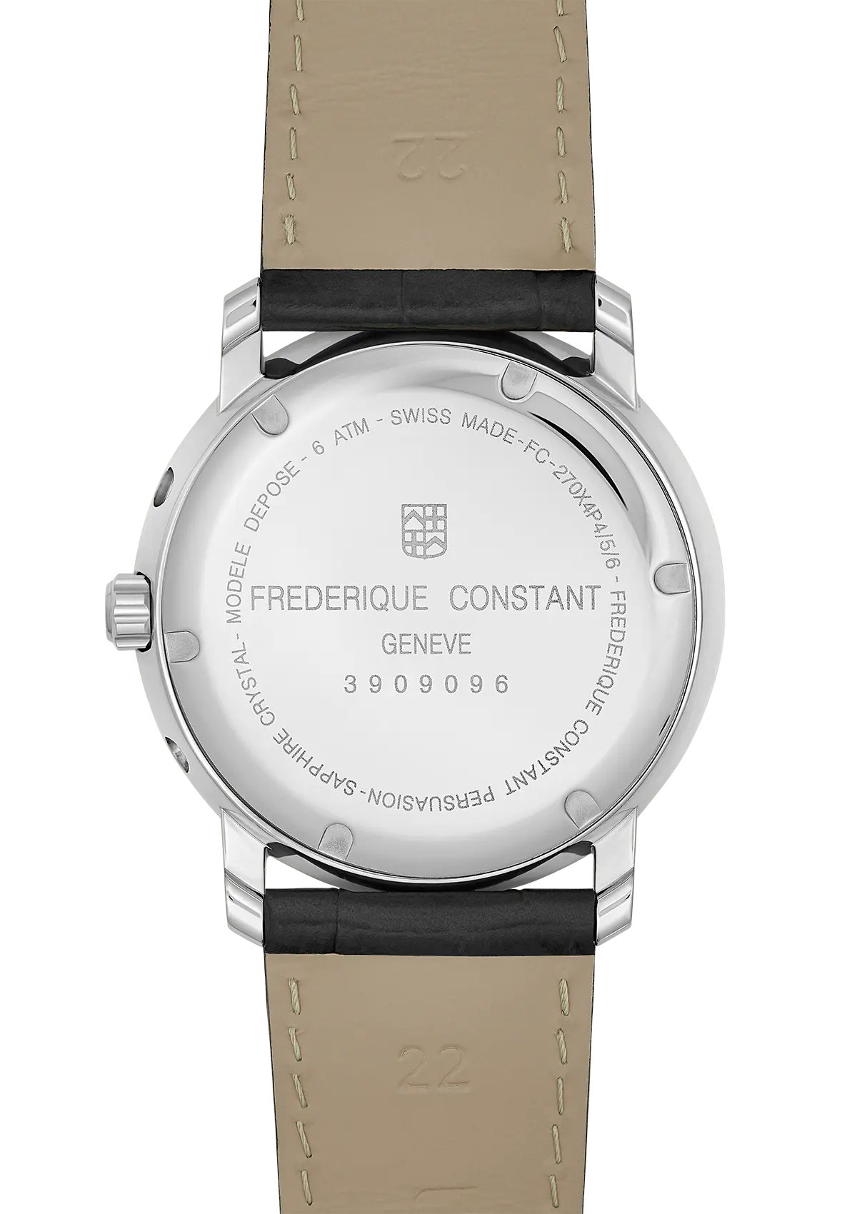 Back of a Frederique Constant wristwatch with a leather strap.