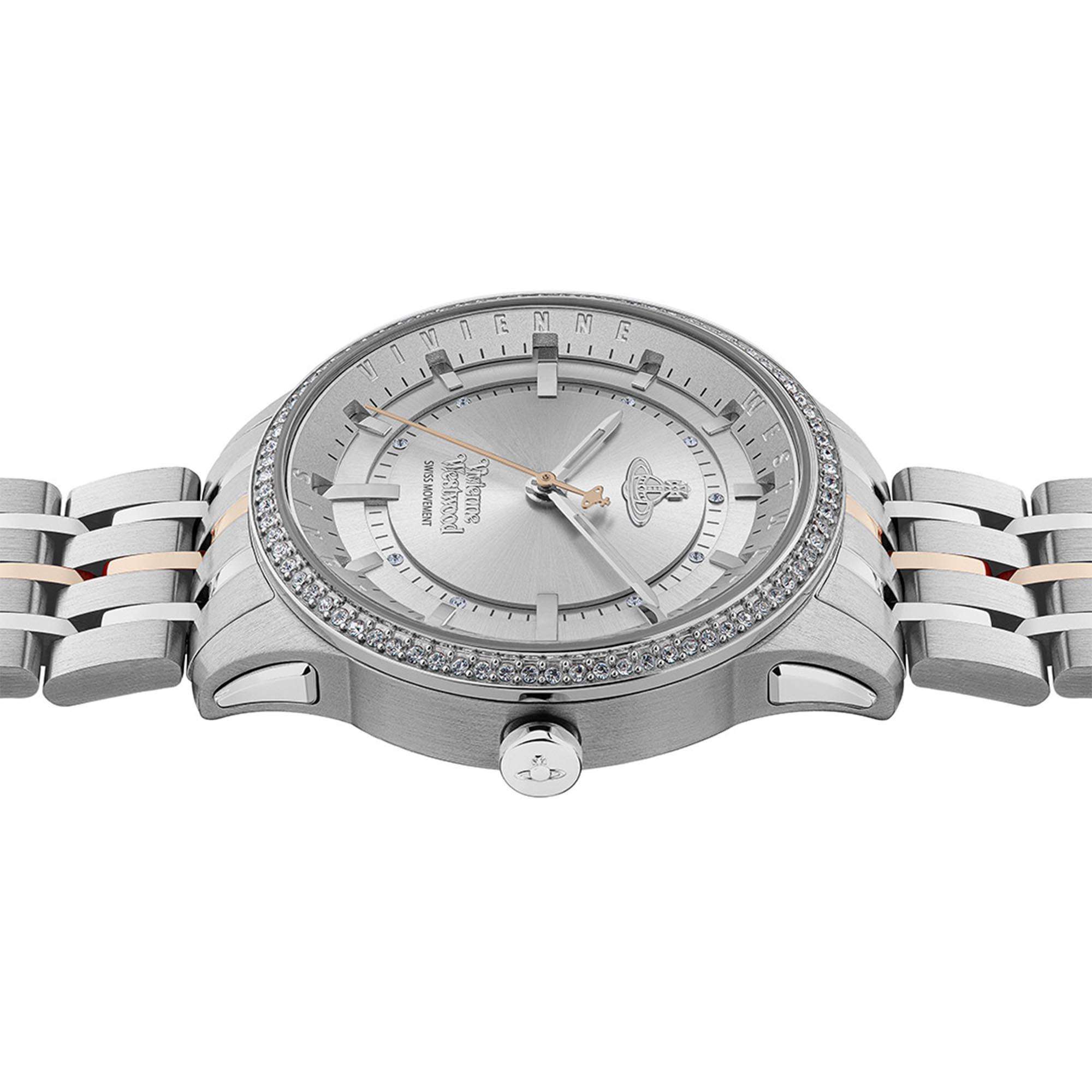 Vivienne Westwood East End women's watch with a silver dial and two tone stainless steel bracelet. Shown at an angle.