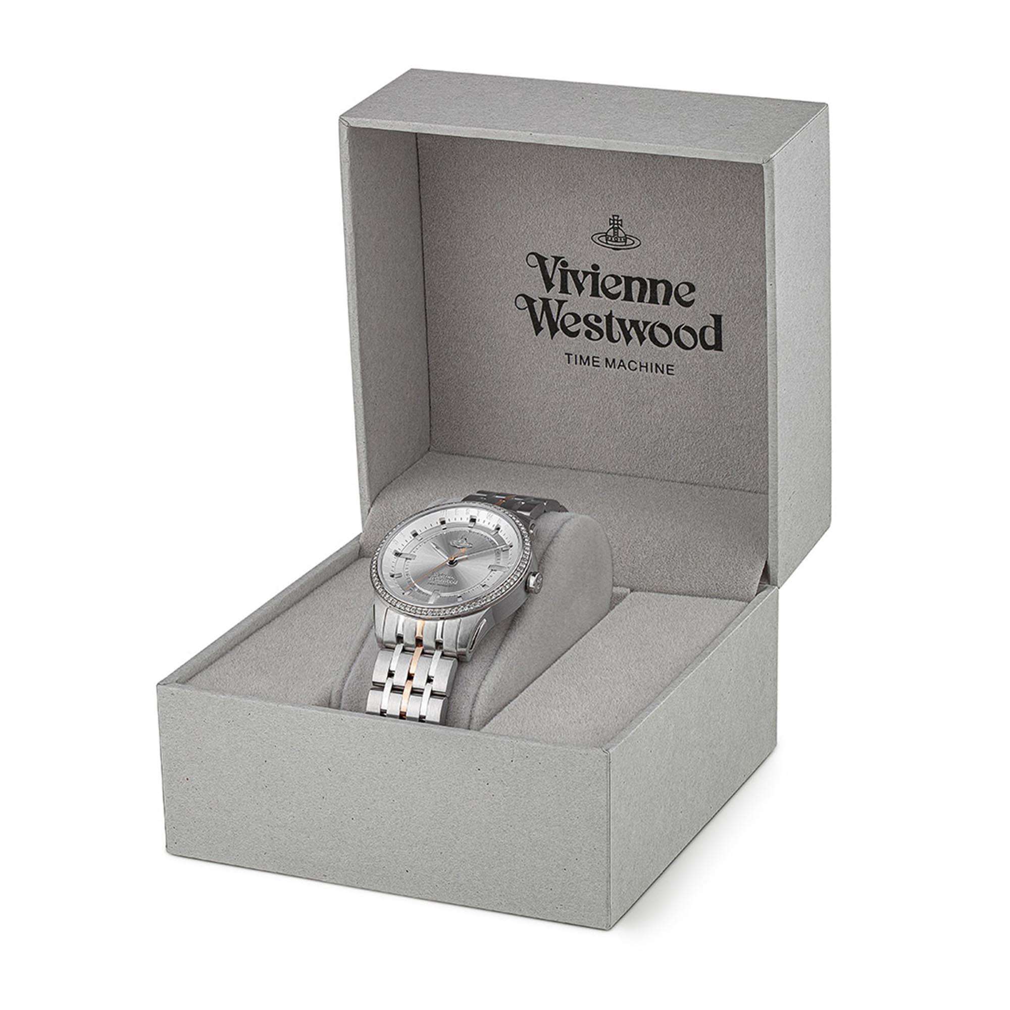 Vivienne Westwood East End women's watch with a silver dial and two tone stainless steel bracelet. Close-up detail view.