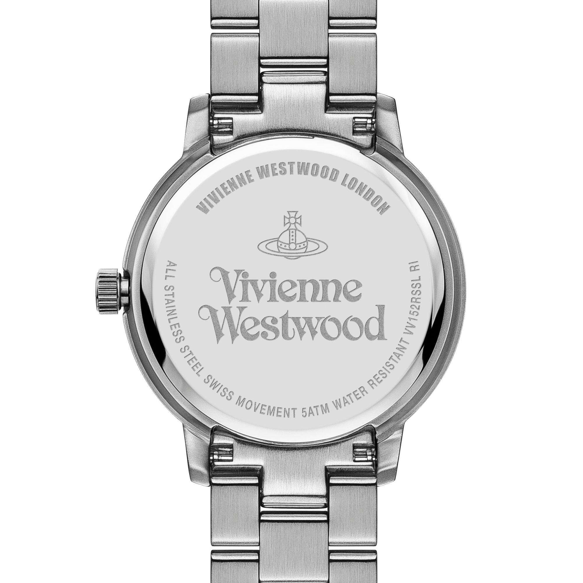 Vivienne Westwood Bloomsbury women's watch with a silver dial and two tone stainless steel bracelet. Clasp and case back detail.