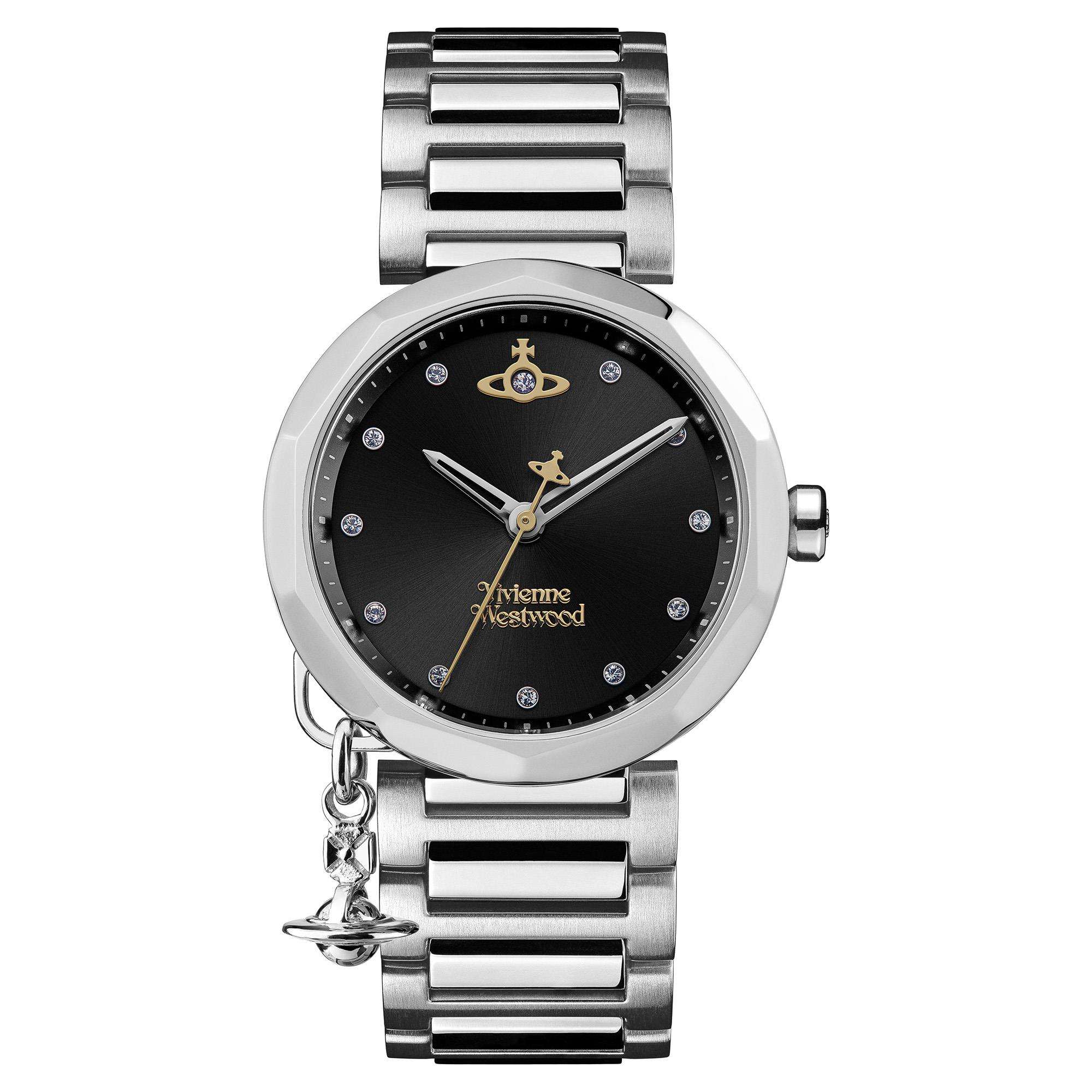 Vivienne Westwood Poplar women's watch with a black dial and silver stainless steel bracelet.