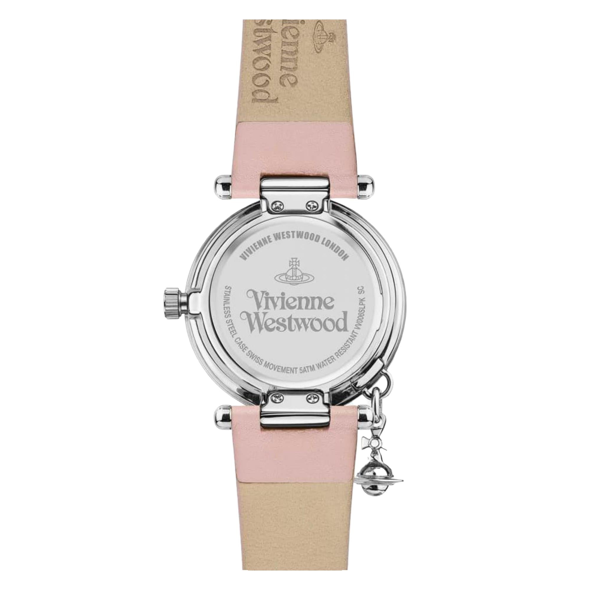 Vivienne Westwood Orb Pastelle women's watch with a silver dial and pink leather strap. Clasp and case back detail.