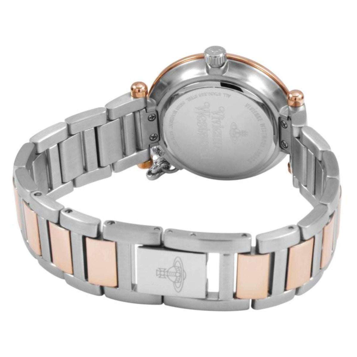 Vivienne Westwood Orb women's watch with a silver dial and two tone stainless steel bracelet. Side profile view.