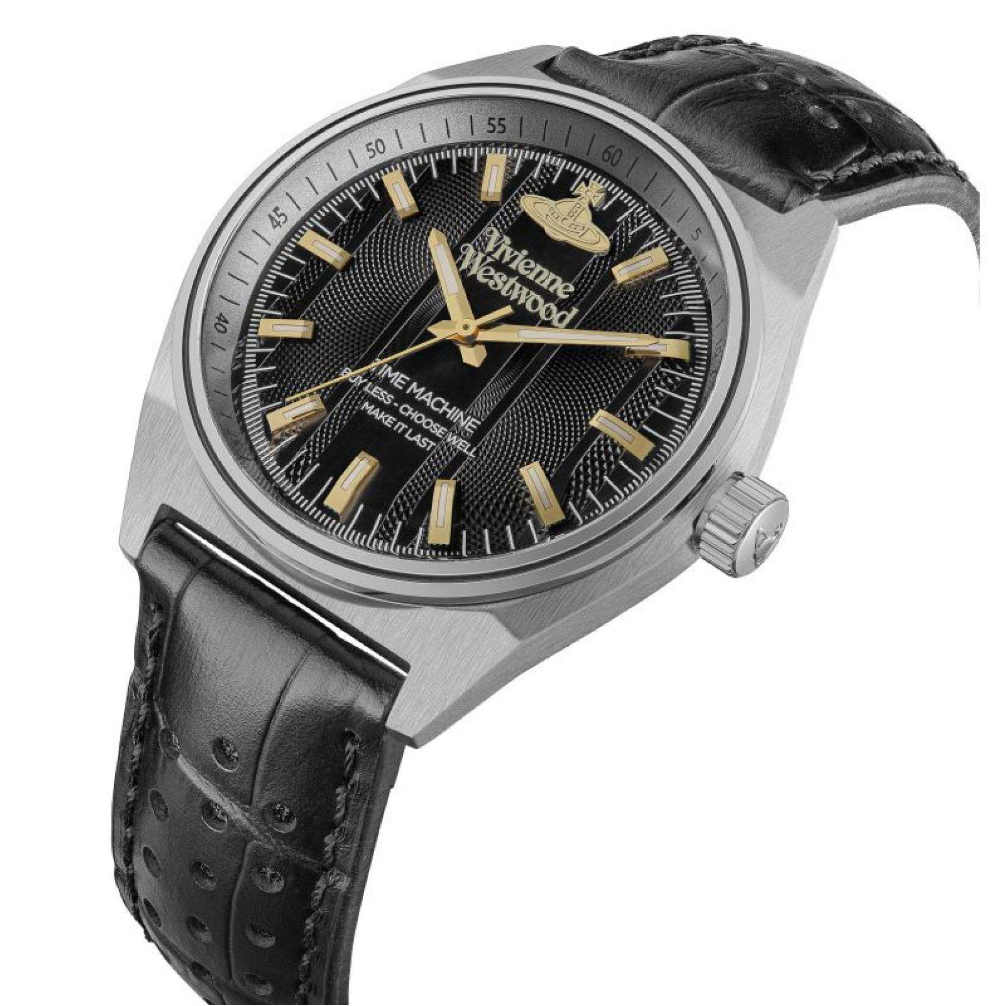 Vivienne Westwood Sydenham men's watch with a black dial and black leather strap. Shown at an angle.