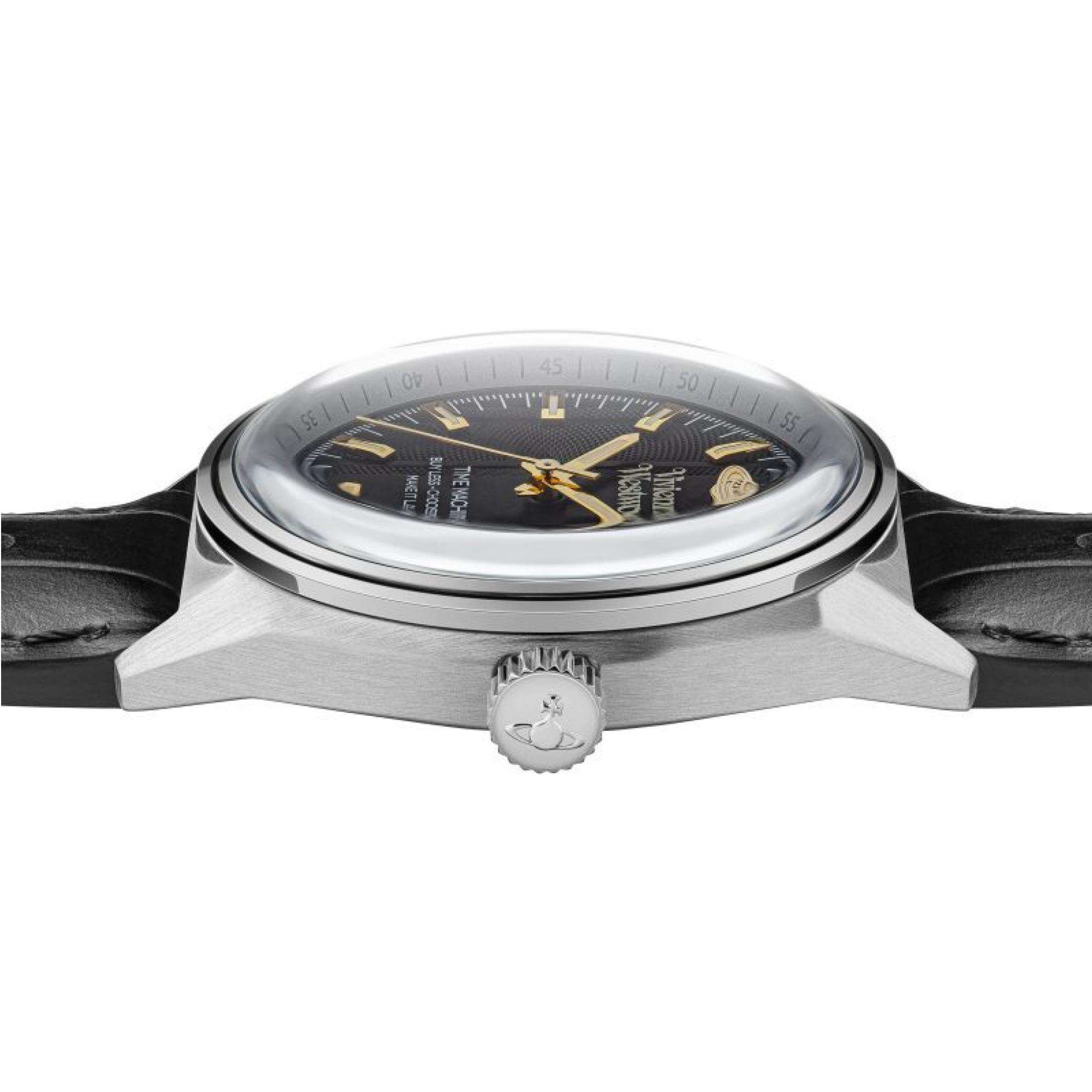 Vivienne Westwood Sydenham men's watch with a black dial and black leather strap. Clasp and case back detail.