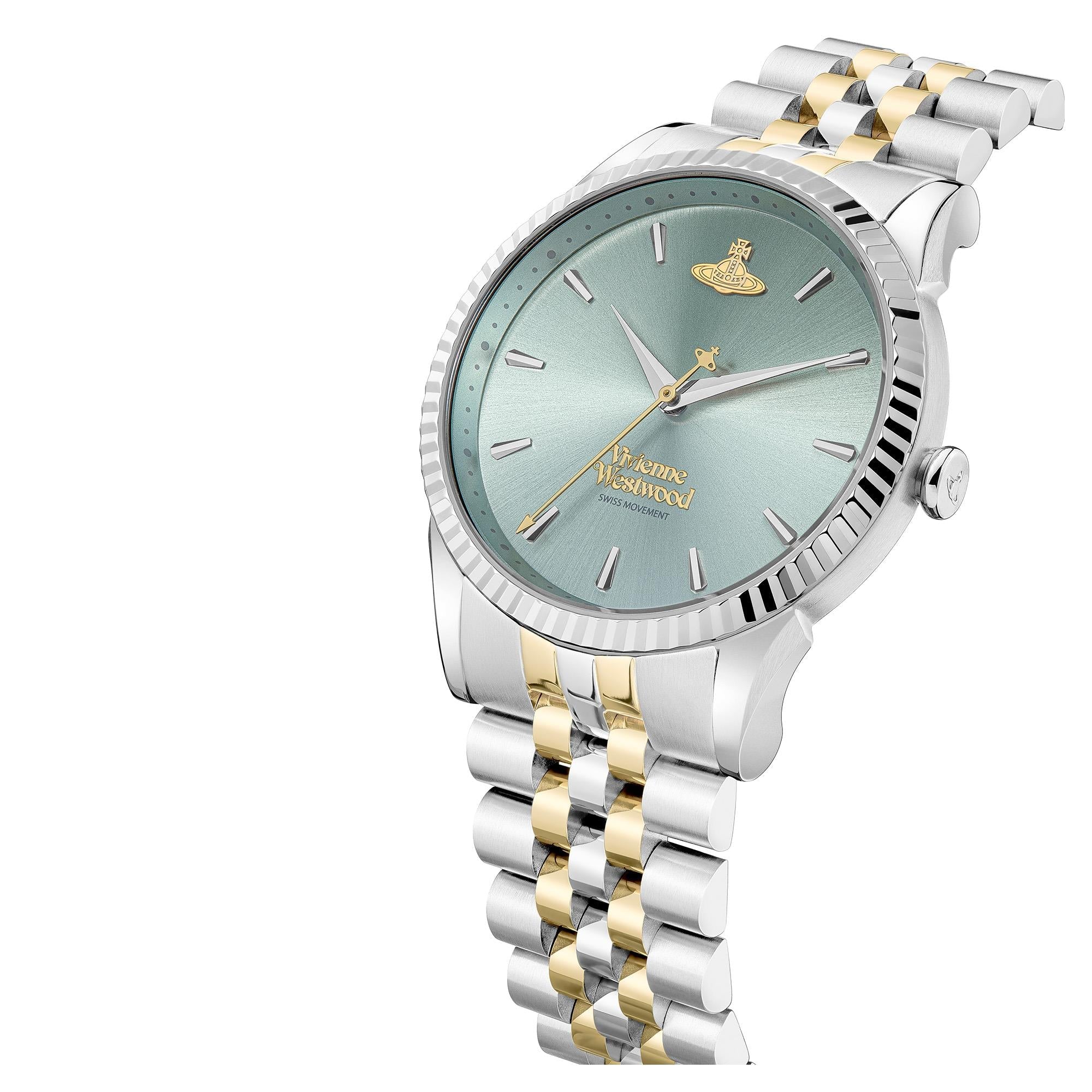 Vivienne Westwood Seymour women's watch with a blue dial and two tone stainless steel bracelet. Shown at an angle.