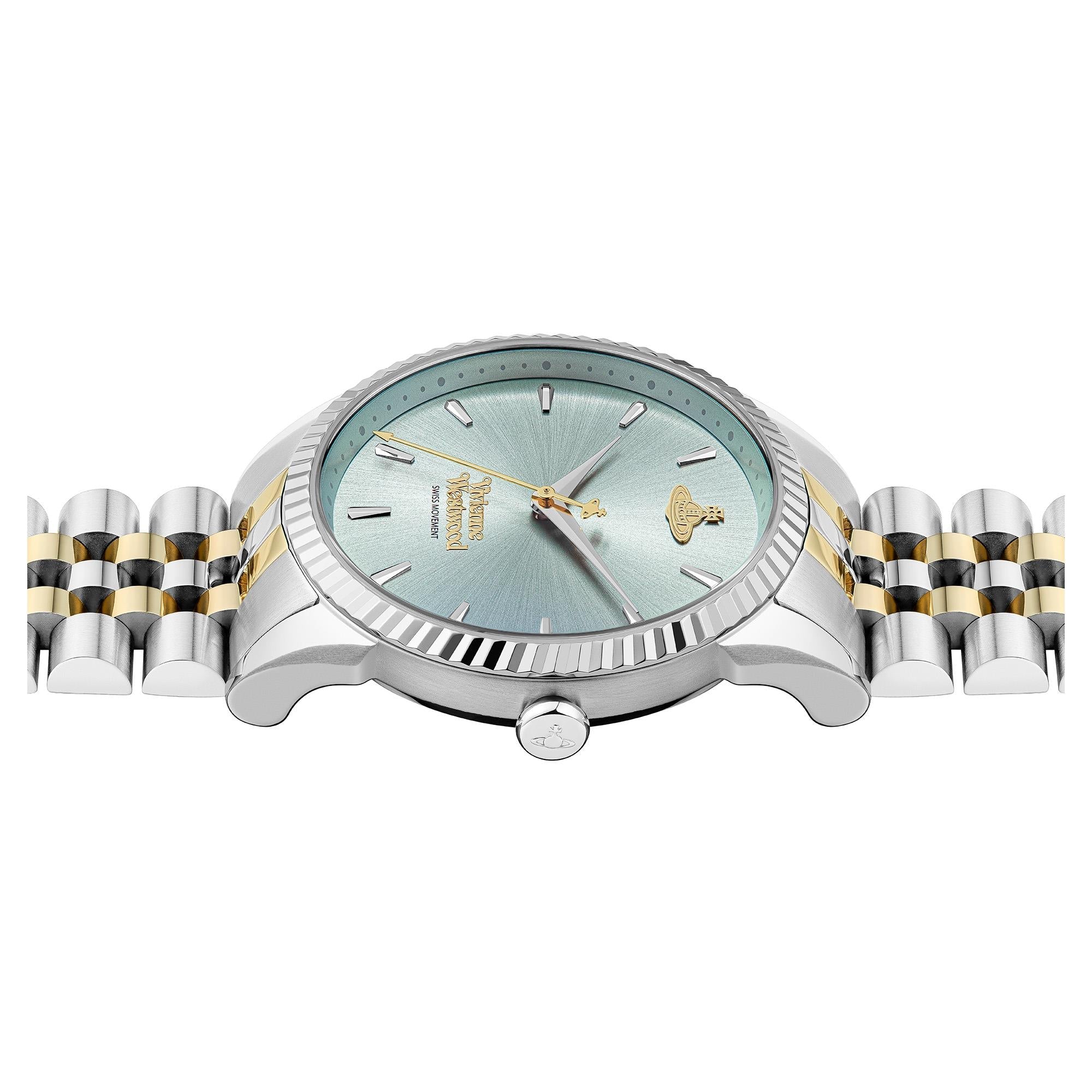 Vivienne Westwood Seymour women's watch with a blue dial and two tone stainless steel bracelet. Side profile view.