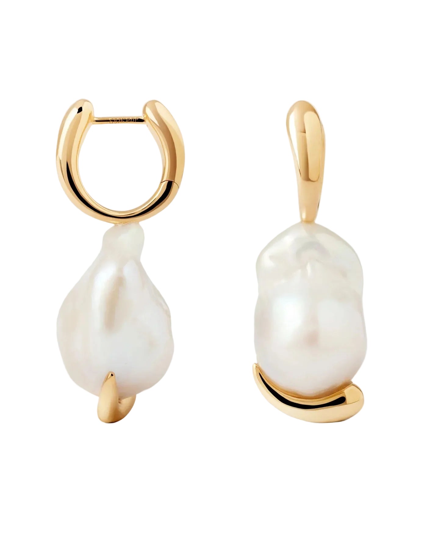 Gold hoop earrings with large pearl drops on a light gray background