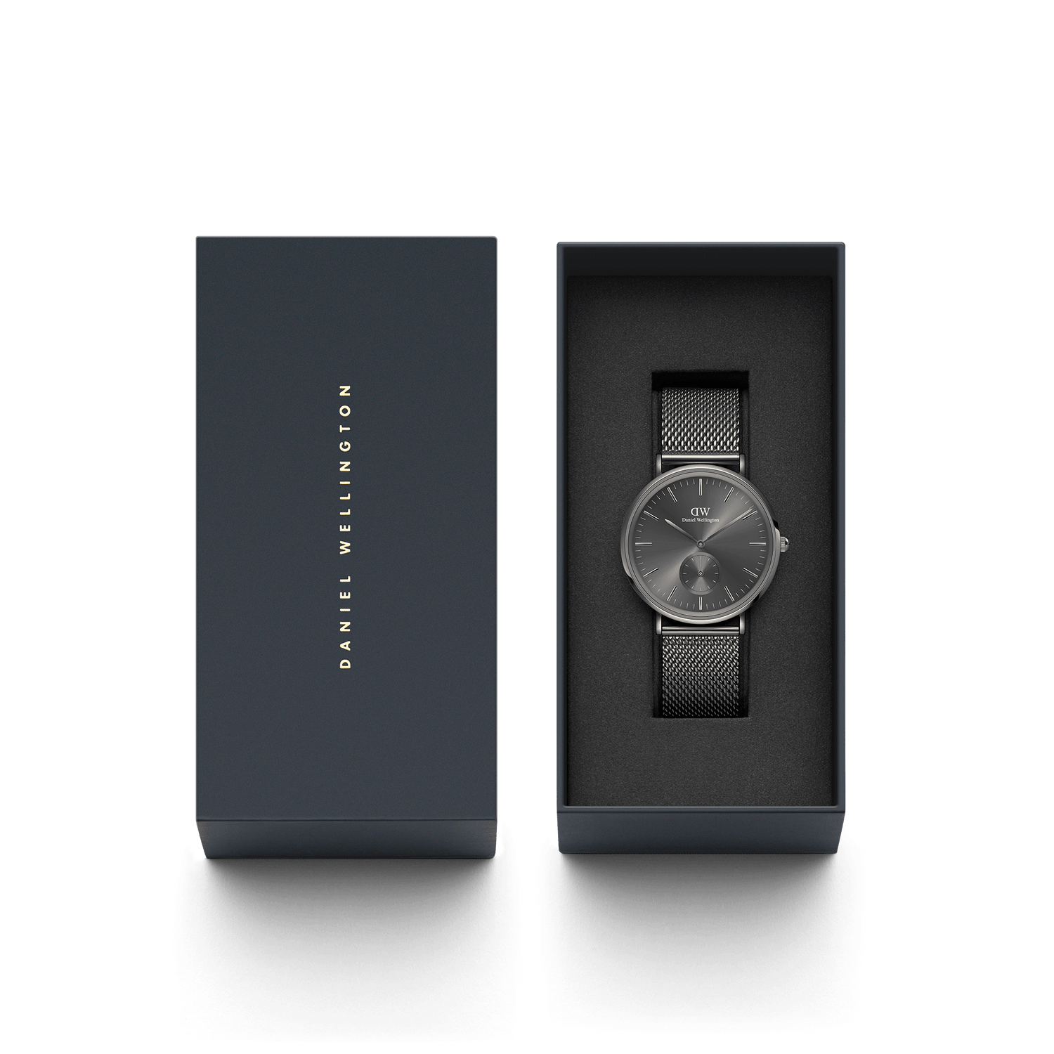 Sleek wristwatch with a dark face and mesh metal band in an open gift box.