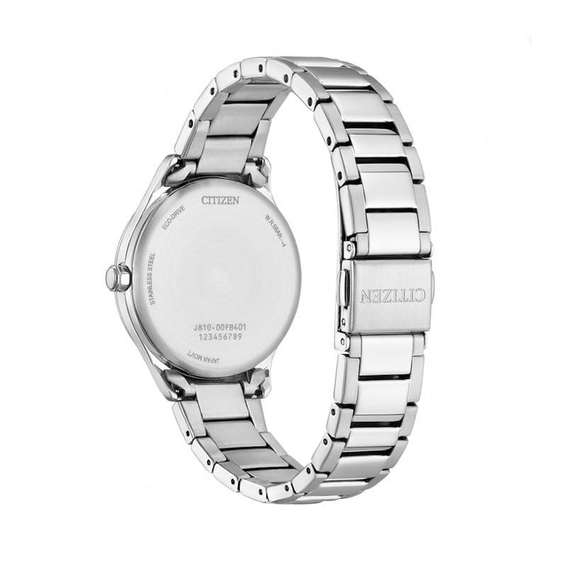 Citizen FE6121-67L blue dial Eco-Drive Lady, perspective view of the steel bracelet and clasp