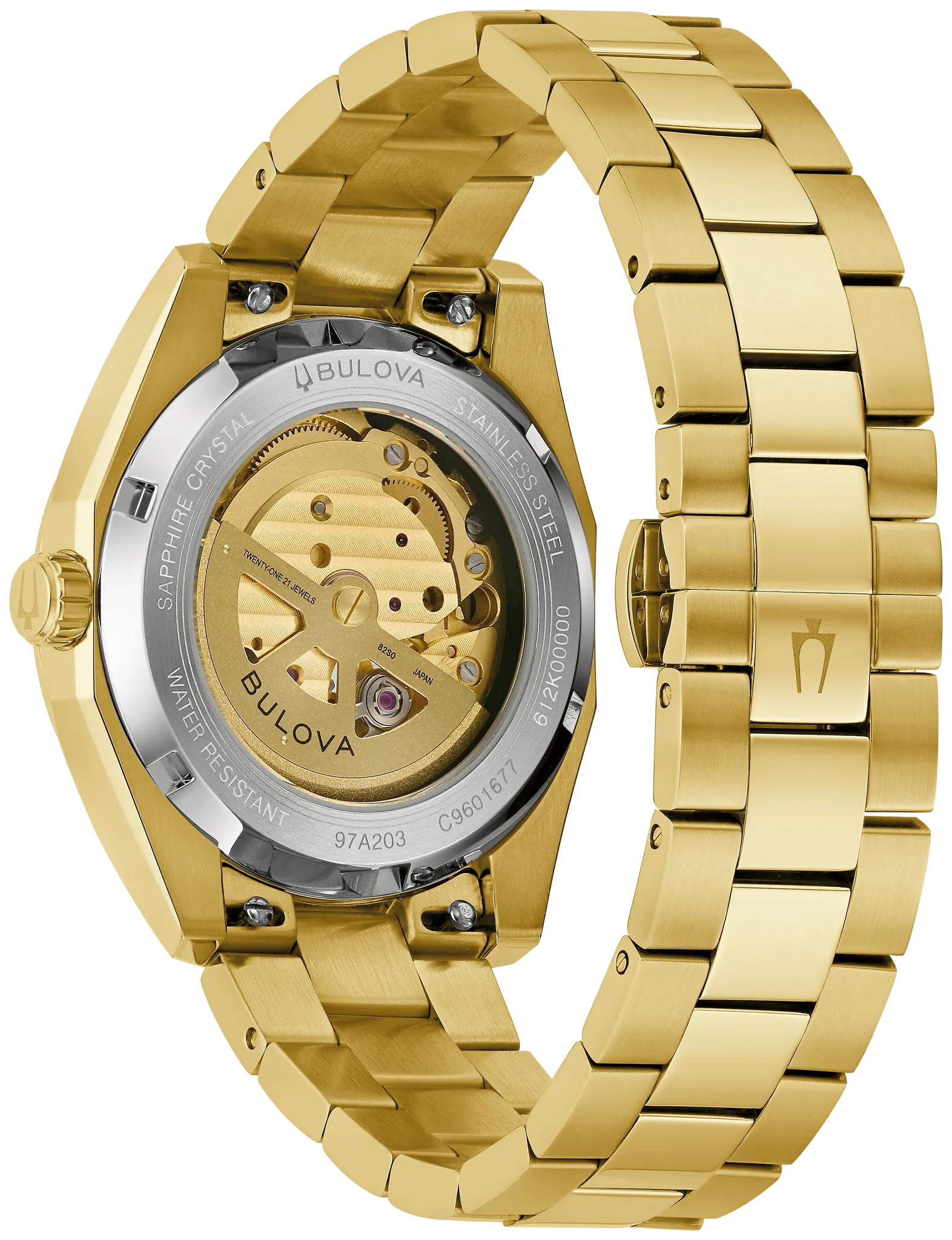 Bulova Surveyor 97A203 automatic men's watch with blue dial and gold-tone stainless steel bracelet — angled view