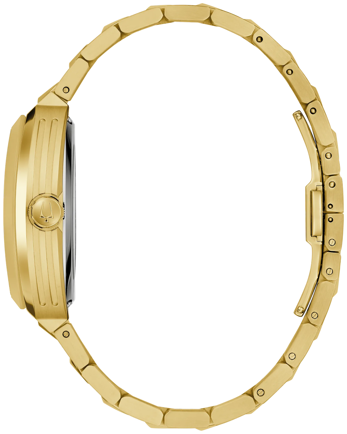 Bulova Maquina 97A207 automatic men's watch with skeletonised black dial and gold-tone stainless steel bracelet — detail view