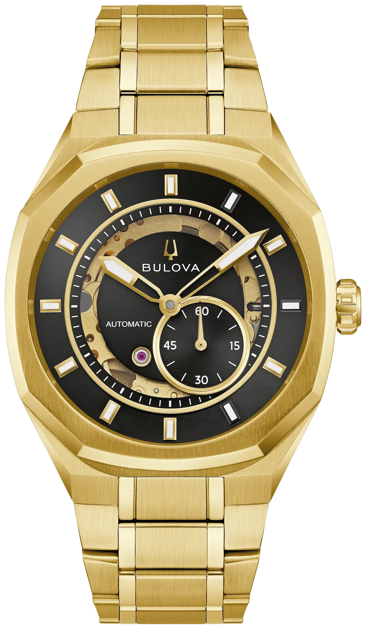 Bulova Marc Anthony Surveyor 97A204 automatic men's watch with black sunray dial and gold-tone stainless steel bracelet — front view