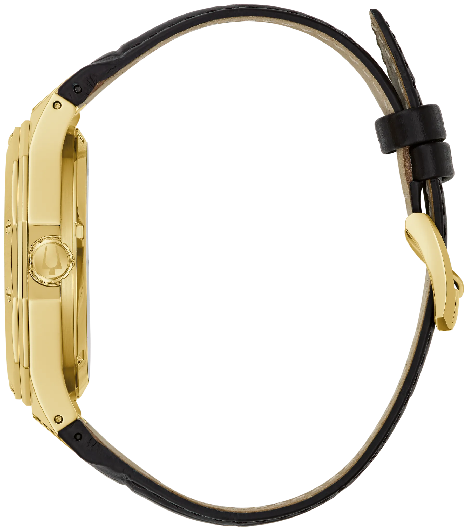Bulova Prestige 97A206 automatic men's watch with silver-tone open dial, gold-tone faceted case and leather strap — detail view