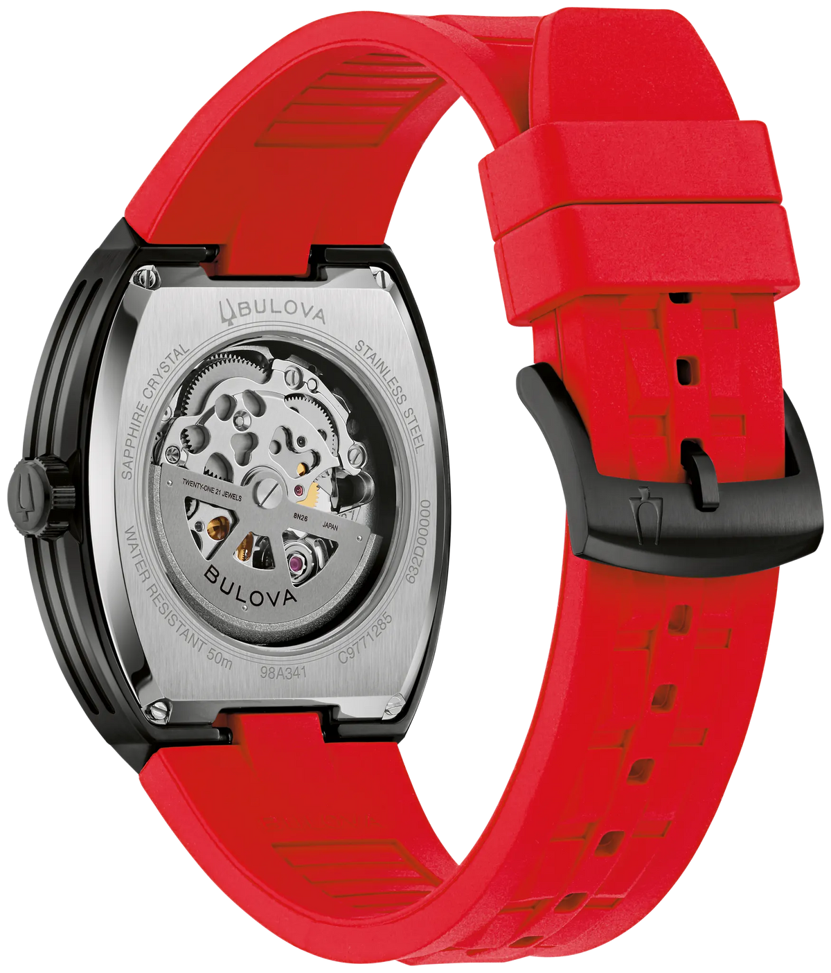 Bulova Maquina 98A341 tonneau case with black skeleton dial and red HNBR rubber strap, official second product view