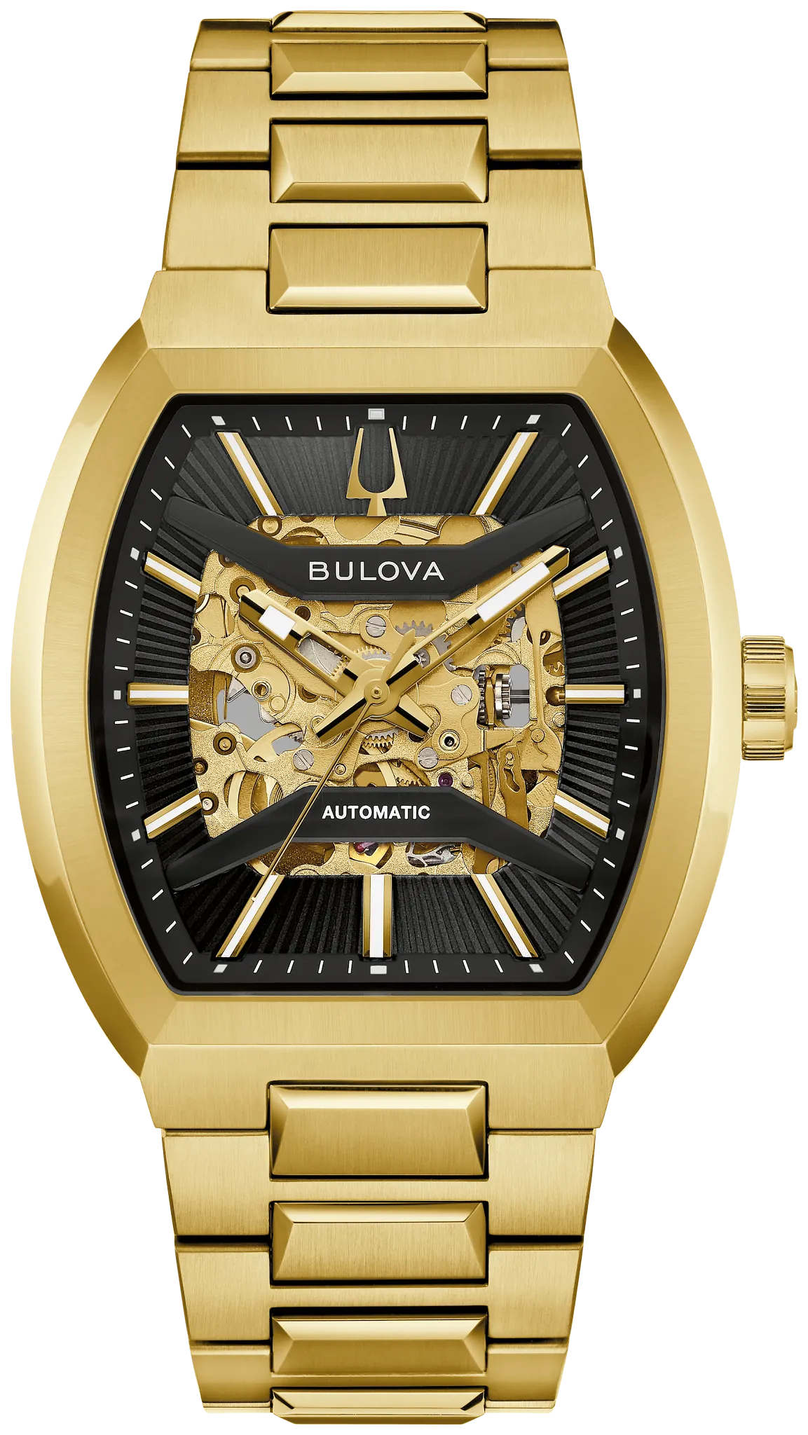 Bulova Maquina 97A207 automatic men's watch with skeletonised black dial and gold-tone stainless steel bracelet — front view