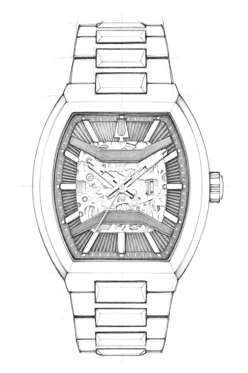 Bulova Maquina 97A207 automatic men's watch with skeletonised black dial and gold-tone stainless steel bracelet — strap detail