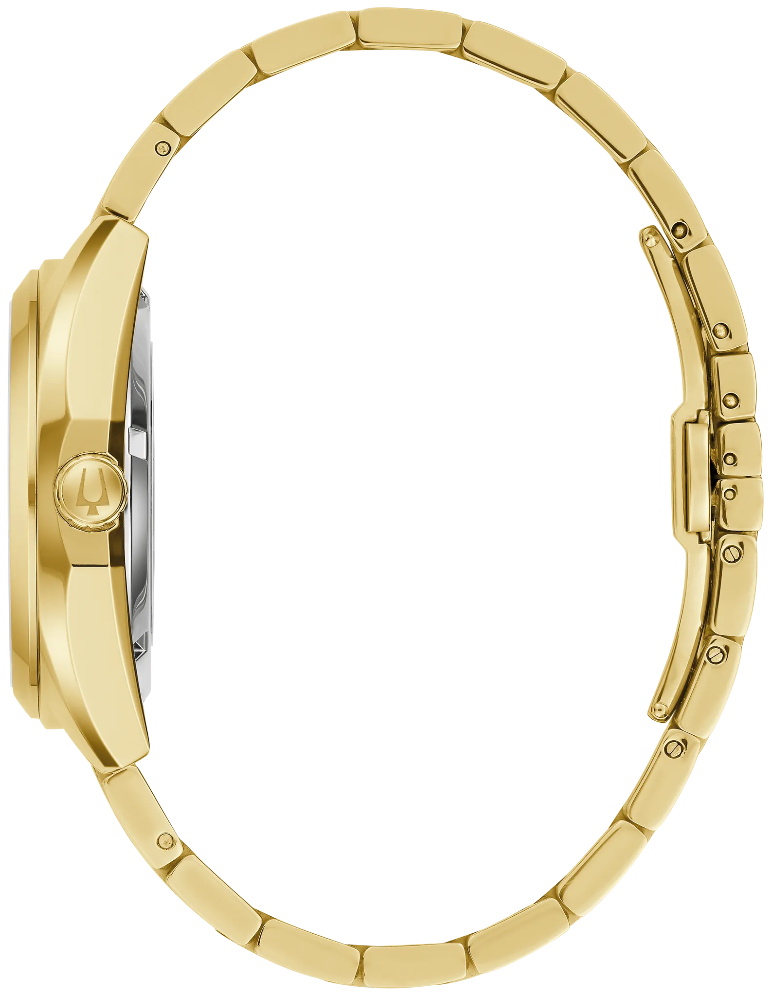 Bulova Surveyor 97A203 automatic men's watch with blue dial and gold-tone stainless steel bracelet — detail view