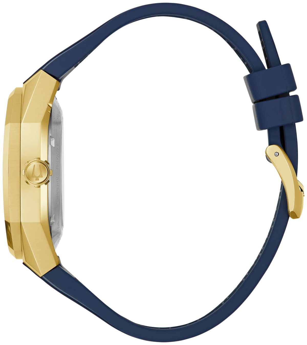 Bulova Marc Anthony Surveyor 97A205 automatic men's watch with blue sunray dial and blue rubber strap — detail view