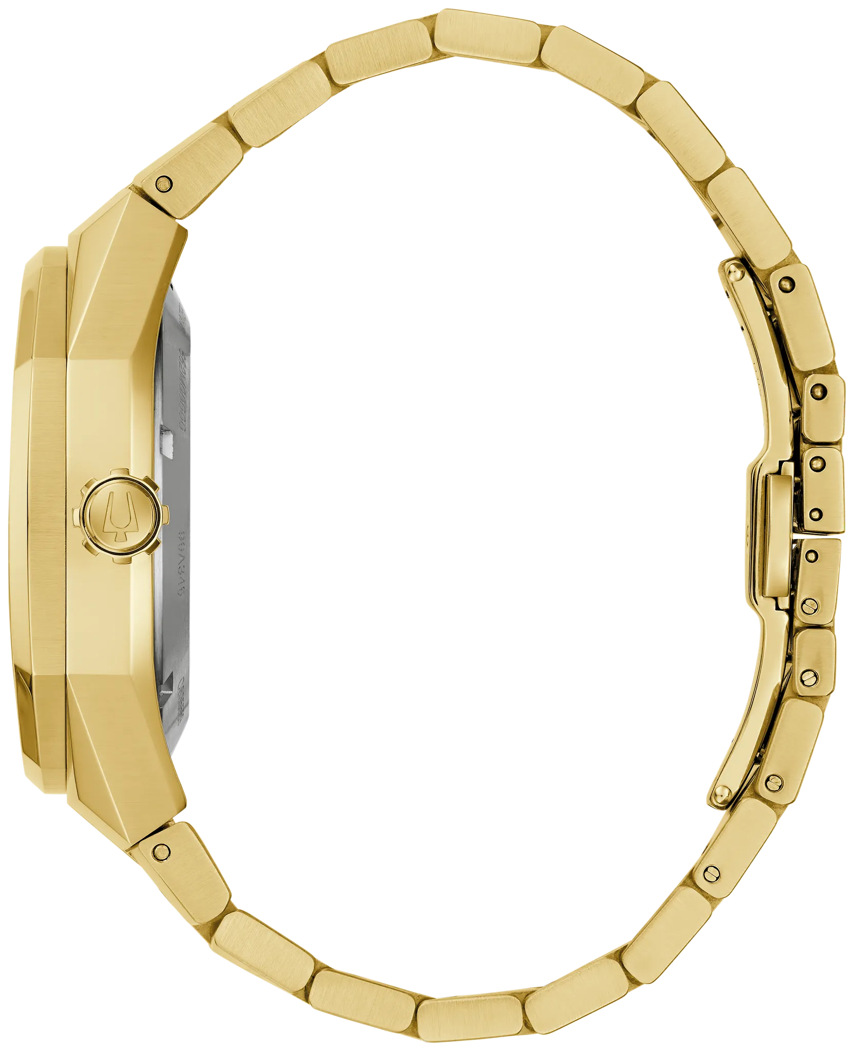 Bulova Marc Anthony Surveyor 97A204 automatic men's watch with black sunray dial and gold-tone stainless steel bracelet — detail view