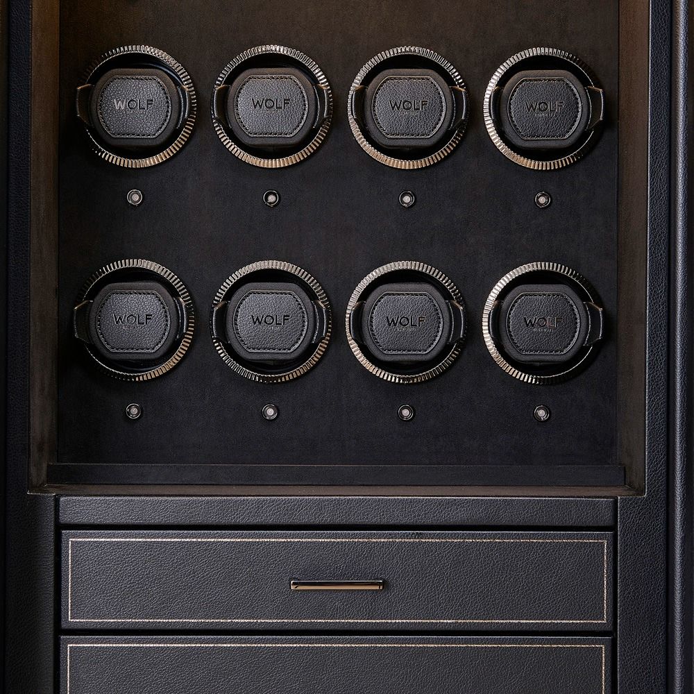 WOLF Athos 12 Piece Watch Winder Safe in Black, close-up of the watch winders and drawers
