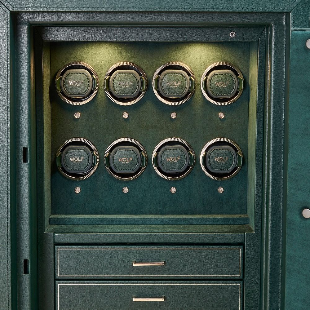 WOLF Athos 12 Piece Watch Winder Safe in Green, close-up of the watch winders and drawers