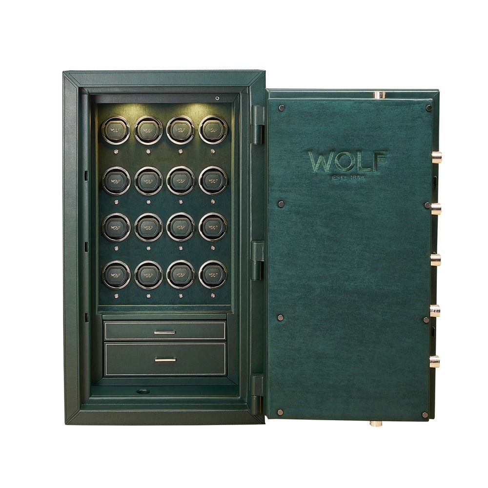 WOLF Athos 16 Piece Watch Winder Safe in Green, front view with the door open