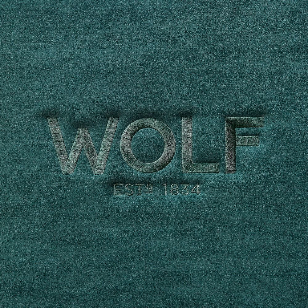 WOLF Athos 20 Piece Watch Winder Safe in Green, embossed WOLF logo on the ultrasuede lining