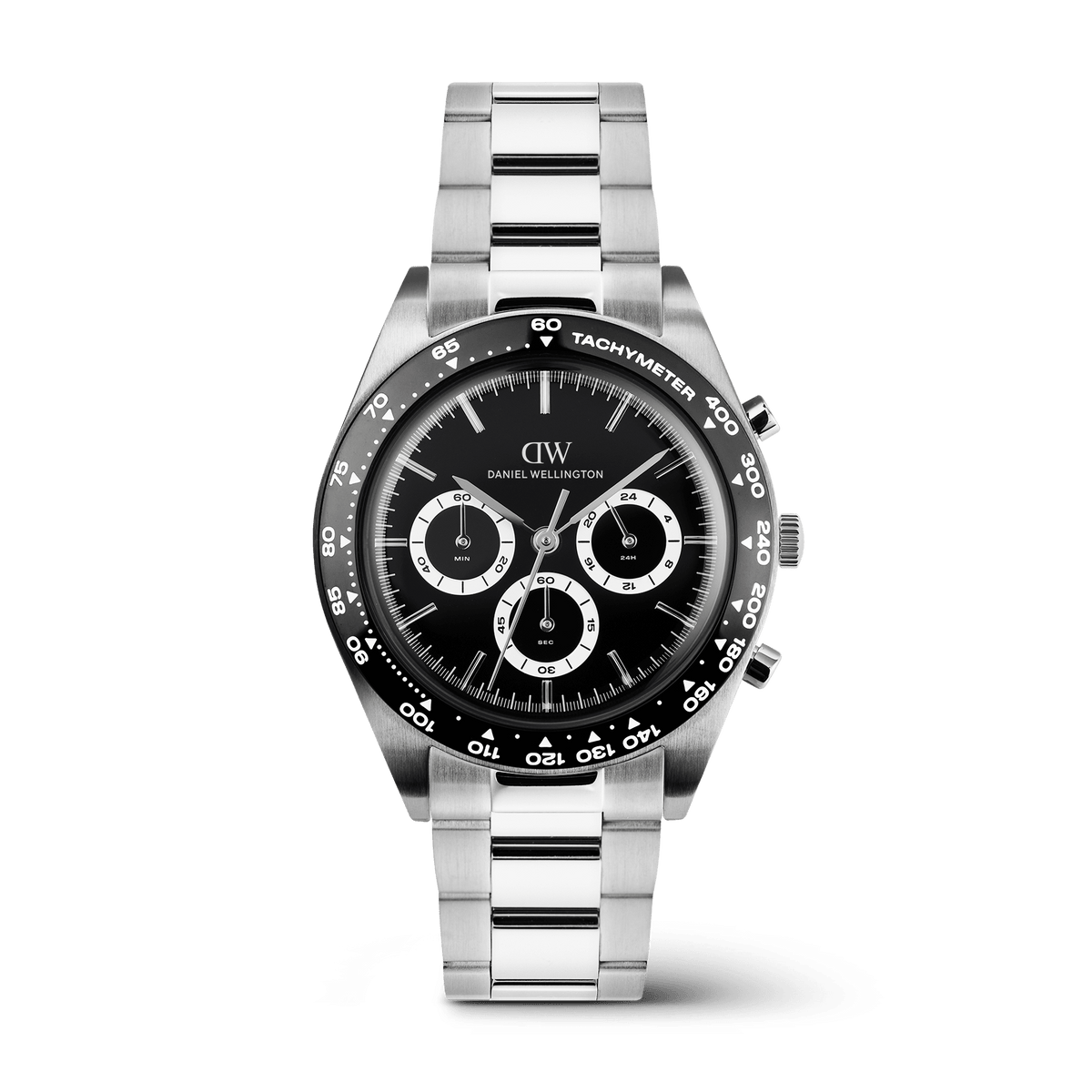 Daniel Wellington Iconic Tachymeter 3-Link Black Silver DW00100947 men's watch with black plain dial and silver link strap