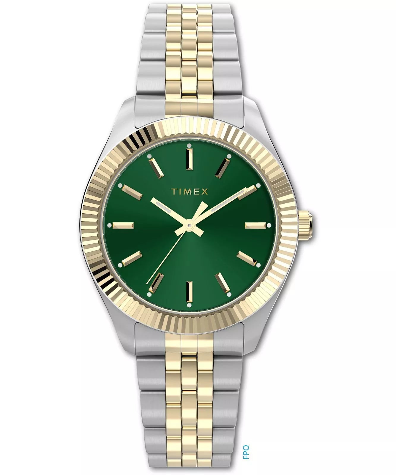 Timex Legacy 36mm Two-tone Case and Bracelet with Green Dial TW2W87400 watch featuring gold and silver accents.