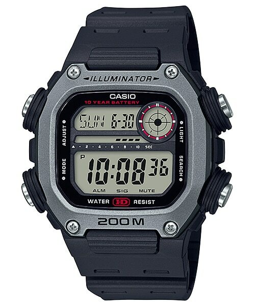 Digital Casio wristwatch with a square face and multiple display features.