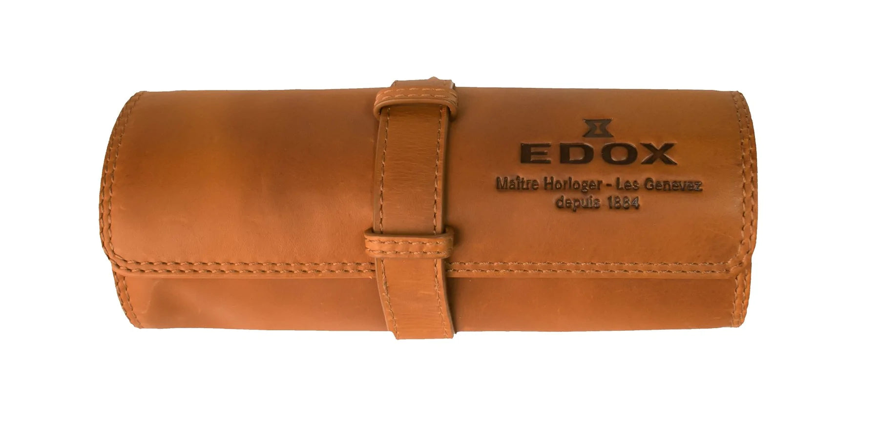 Tan leather watch roll or case with ’EDOX’ branding.