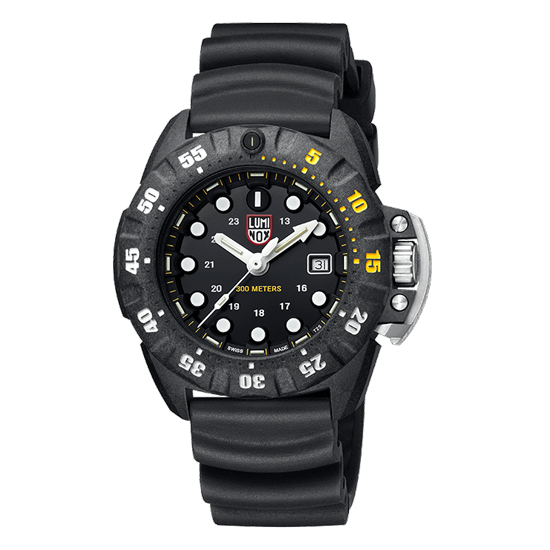 Black sports watch with a round face and rubber strap.