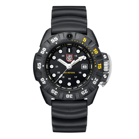 Rugged black dive watch with a rotating bezel and rubber strap.