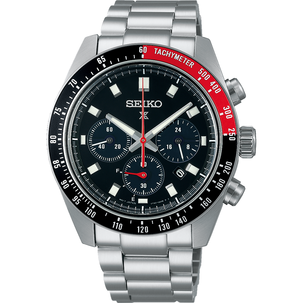 Seiko chronograph wristwatch with a black dial and red accents on a stainless steel bracelet.