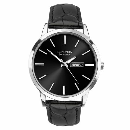 Elegant wristwatch with a black leather strap and silver case featuring a black dial.