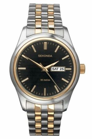 Two-tone wristwatch with a black dial and day-date display.